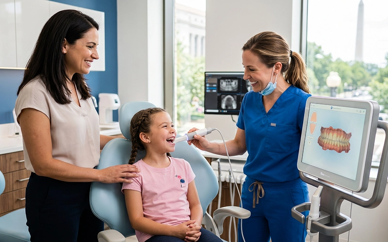 A smiling child receiving a digital orthodontic scan while a parent observes